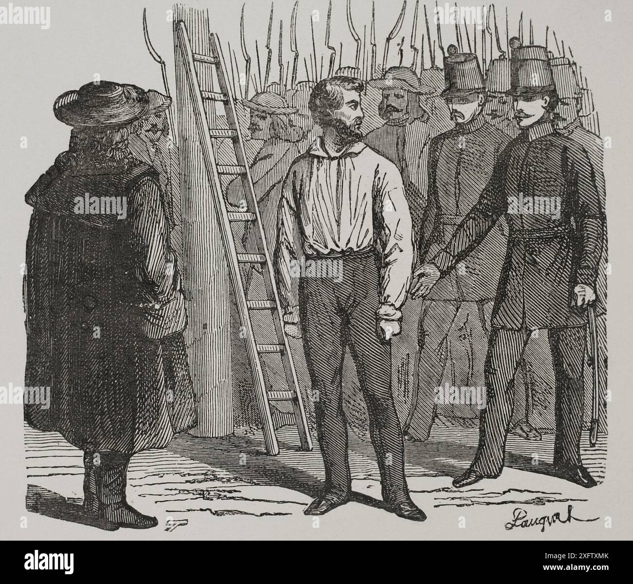 Odön Zichy (1809–1848), bekannt als Graf Edmund Zichy. Ungarischer Adliger, Verwalter des Grafen von Veszprem. Er wurde am 30. September 1848 von einem ungarischen Kriegsgericht unter dem Vorsitz von Artúr Görgei als Abgesandter von Josip Jelacic, General des österreichischen Reiches, an General Roth verurteilt und gehängt. Edmund Zichy wird gehängt. Gravur. „Los Héroes y las Grandezas de la Tierra“ (die Helden und die Grandeure der Erde). Band VIII. 1856. Stockfoto