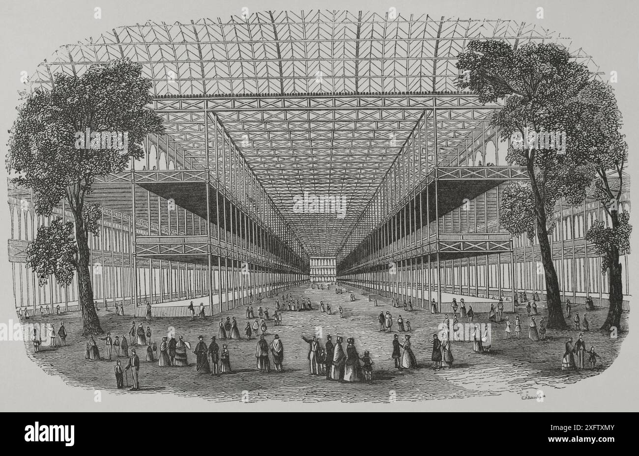 London, England. Universal Exhibition 1851 in London (1. Mai bis 15. Oktober). Es war im „Crystal Palace“ untergebracht, einem Gebäude, das von Sir Joseph Paxton (1803–1865) entworfen wurde. Allgemeiner Blick auf die Mitte des Gebäudes, aus Gusseisen und Glas gebaut. Kupferstich von Cabanach. „Los Héroes y las Grandezas de la Tierra“ (die Helden und die Grandeure der Erde). Band VIII. 1856. Stockfoto