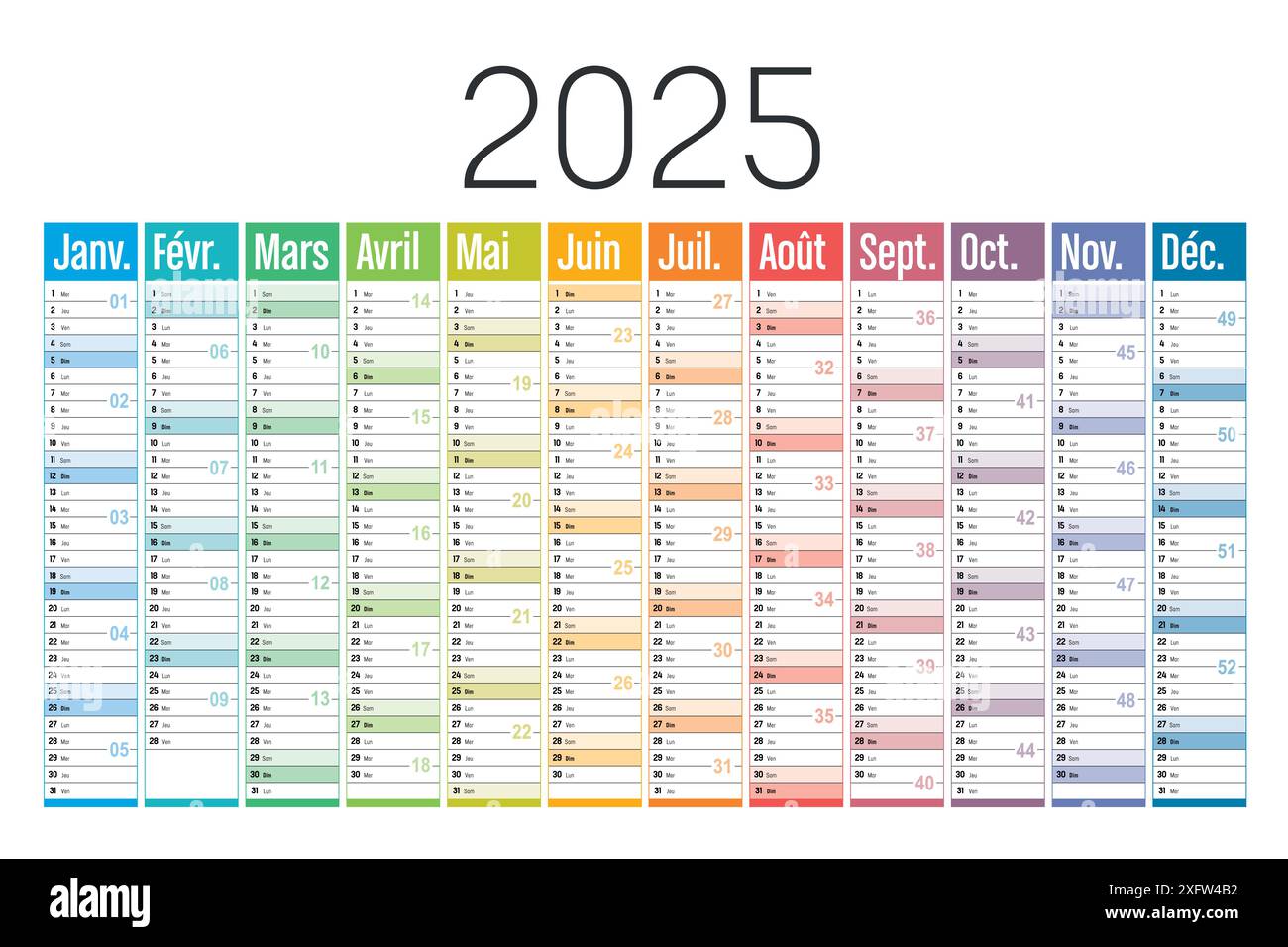 Jahr 2025 Bunte Wandkalender auf weißem Hintergrund, französische Sprache, französische Vektorvorlage Stock Vektor