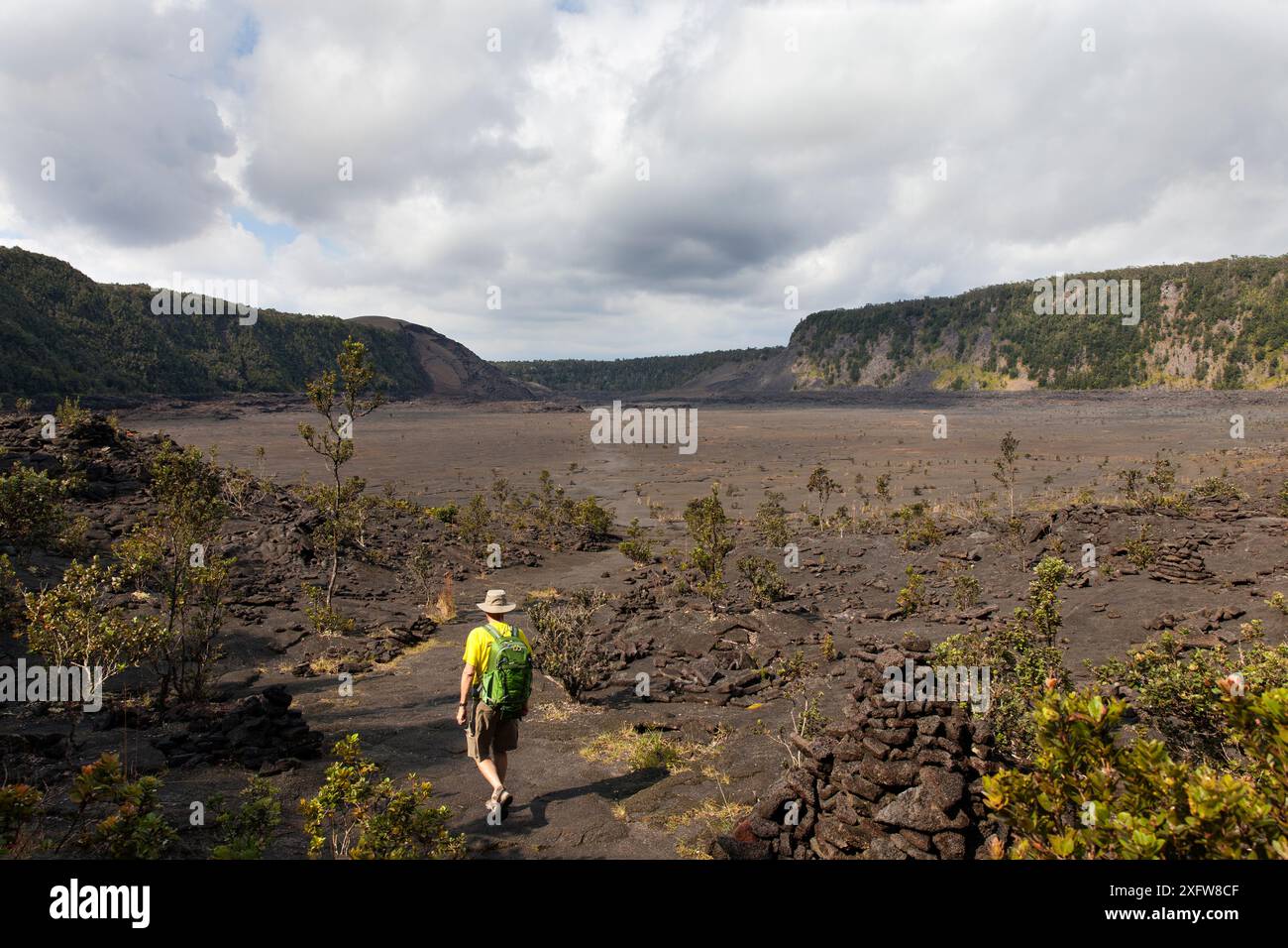 Wanderer überqueren den Kilauea Iki-Krater, Hawaii Volcanoes National Park. Modell freigegeben. Dezember 2016. Stockfoto