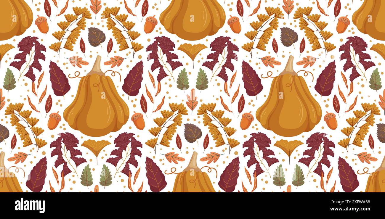 Nahtloses Muster mit großem Butternusskürbis, umgeben von verschiedenen Herbstblättern, Eicheln und Beeren. Warme Herbstfarben wie Orange, Braun und Burgunderrot. Festliches und gemütliches saisonales Muster Stock Vektor