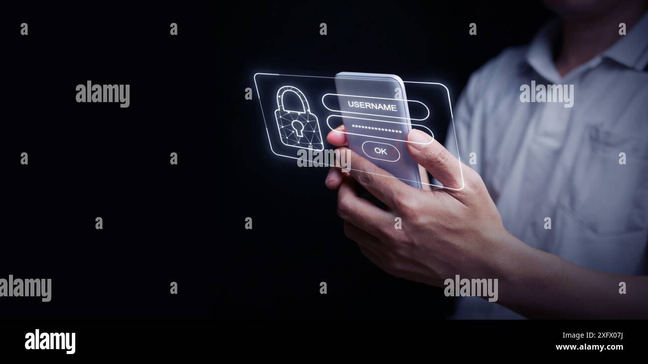 Benutzername und Kennwort für Cyber-Sicherheit. Ein Mann verwendet einen Passcode auf seinem Telefon, um seine persönlichen Daten und die Cybersicherheit zu schützen und ihnen Zugang zu gewähren. Sicher Stockfoto