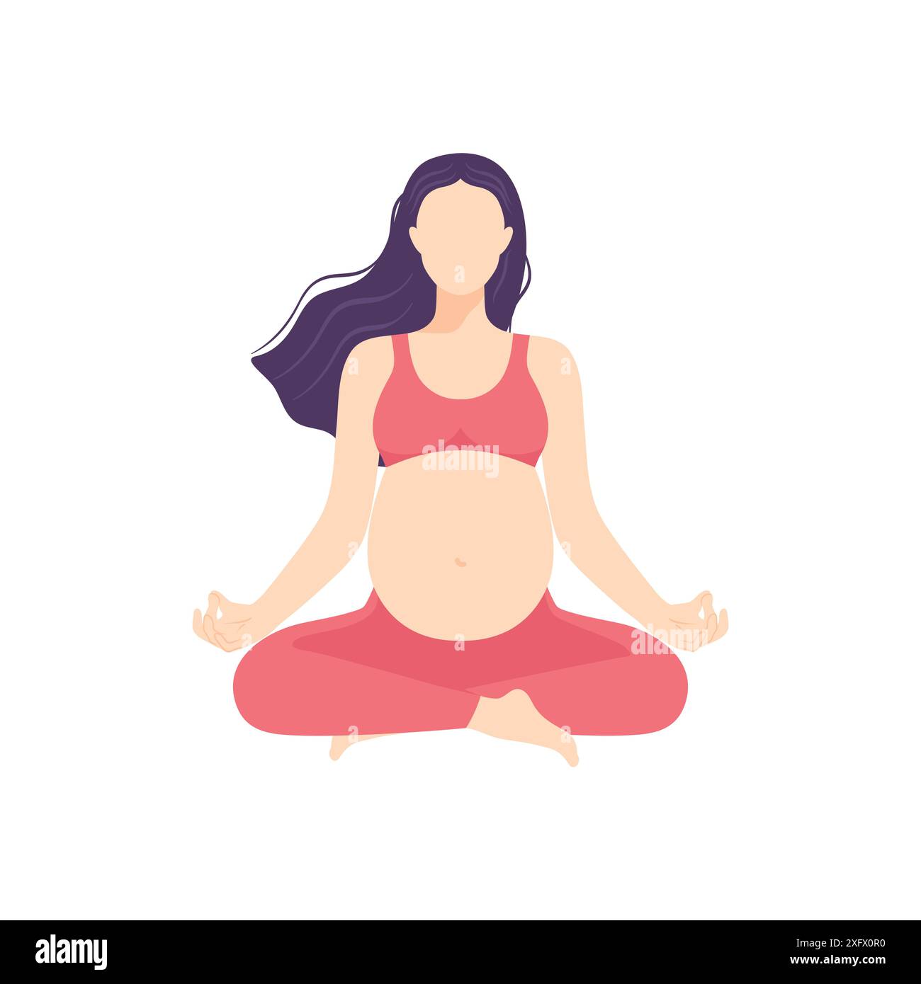 Abstrakte gesichtslose schwangere Frau, die in Lotusstellung sitzt. Meditierende schwangere Frau beim perinatalen Yoga. Gesundes Schwangerschaftskonzept Stock Vektor
