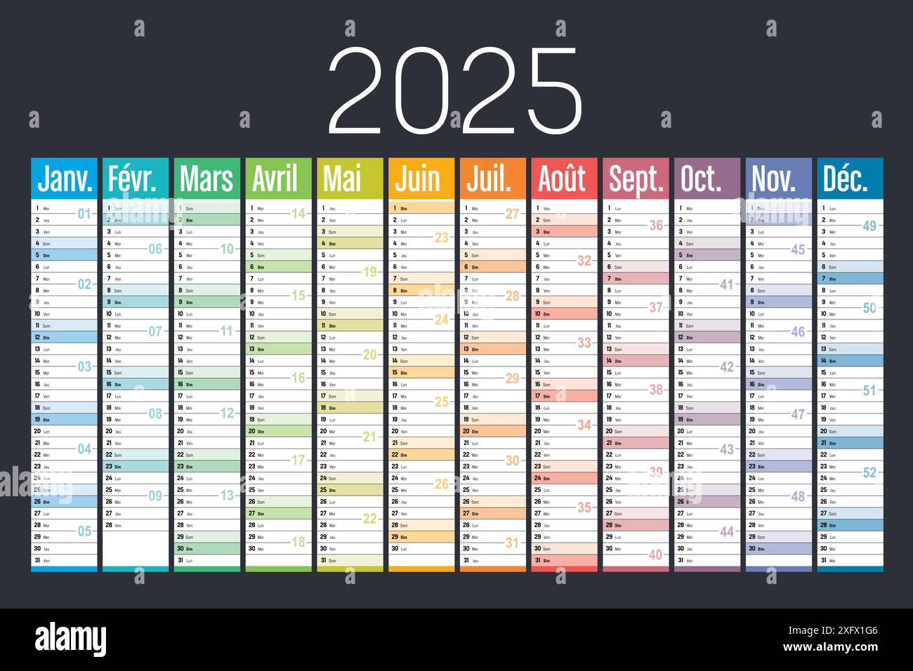 Jahr 2025 Bunte Wandkalender auf schwarzem Hintergrund, französische Sprache, französische Vektorvorlage Stock Vektor