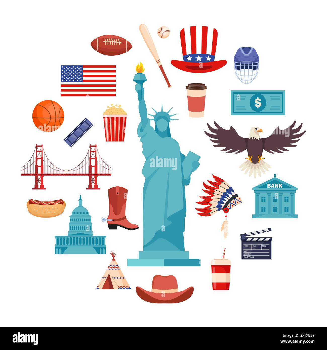 Symbolsatz für die Kultur der USA. Fahren Sie in Richtung USA. Amerikanische Kultur- und Geschichtssymbole. Vektor Stock Vektor