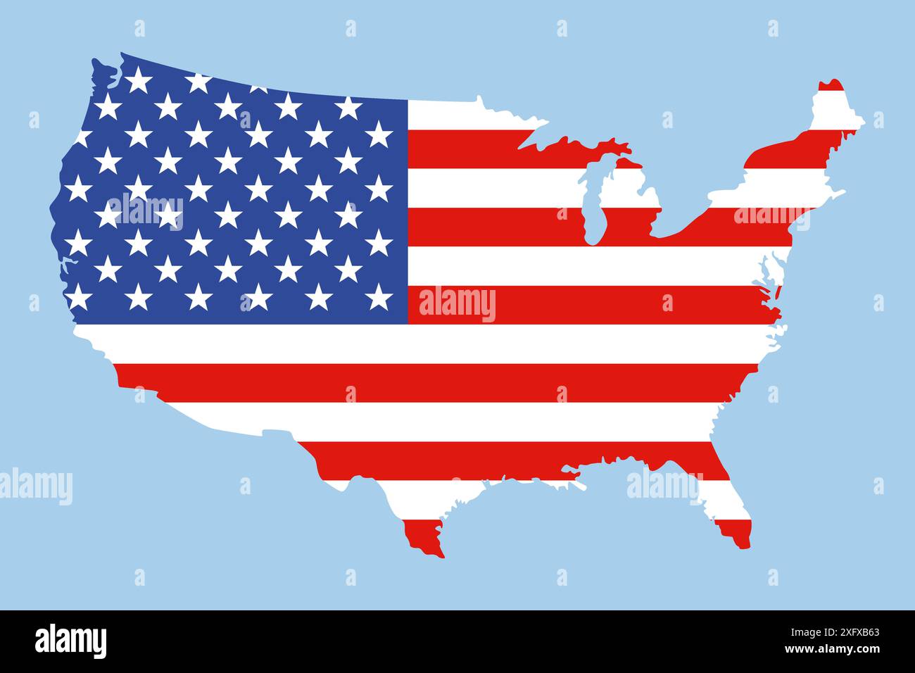 Karte der USA mit Nationalflagge. Sehr detaillierte editierbare Karte der Grenzen der USA und Nordamerikas. Stock Vektor