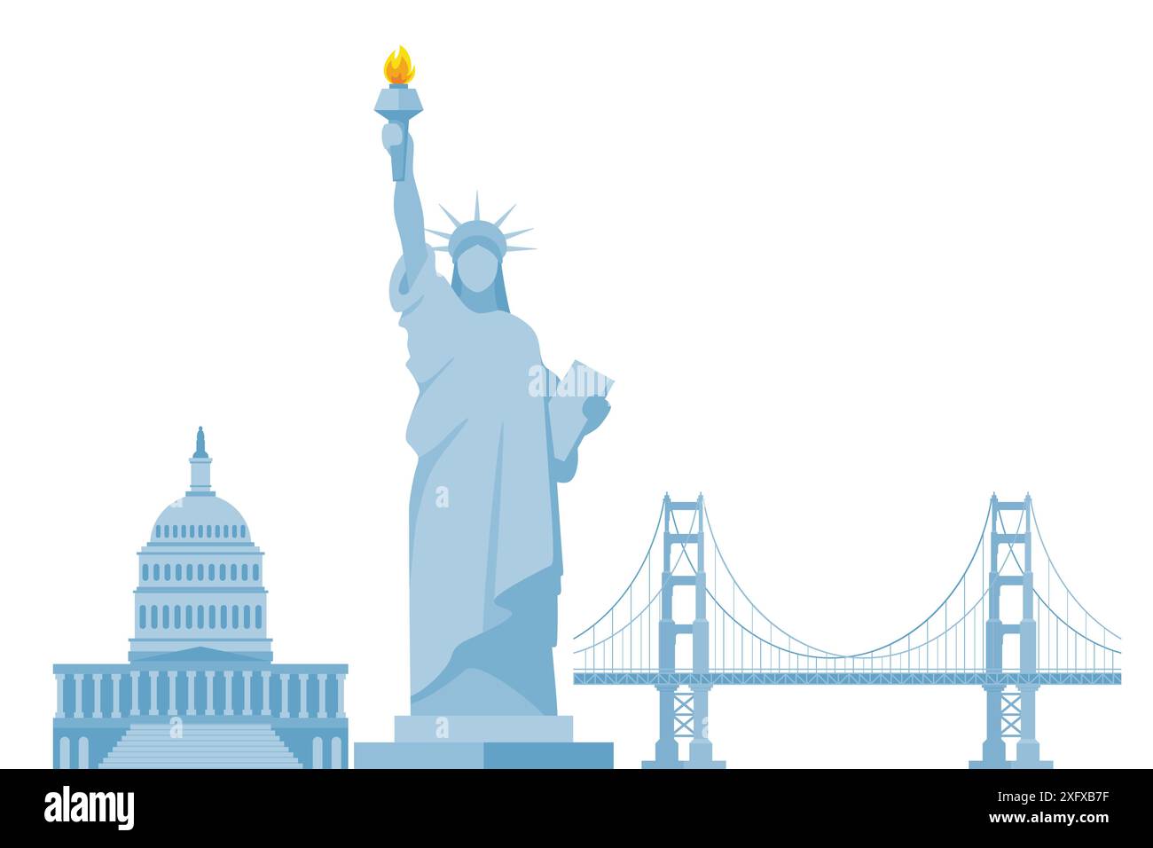 Symbole für die Kultur der USA. Freiheitsstatue, Kapitol, goldene Torbrücke. Amerikanische Kultur- und Geschichtssymbole. Vektor Stock Vektor