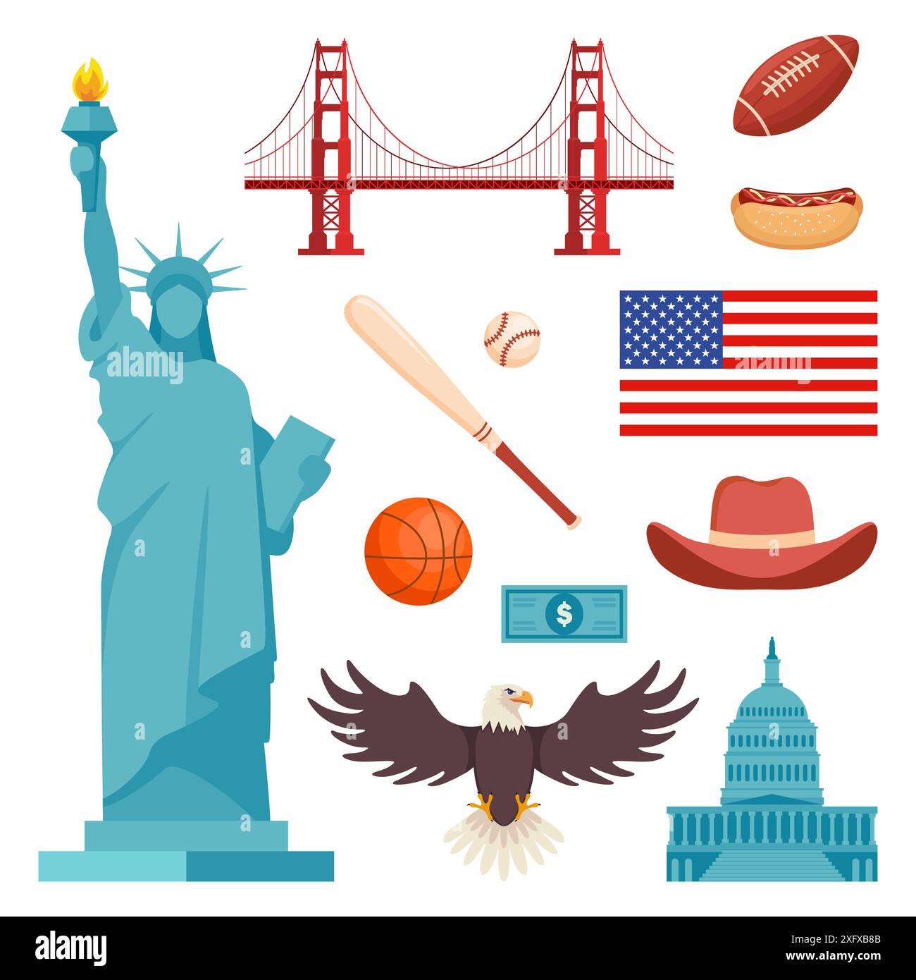 Symbolsatz für die Kultur der USA. Fahren Sie in Richtung USA. Amerikanische Kultur- und Geschichtssymbole. Vektor Stock Vektor