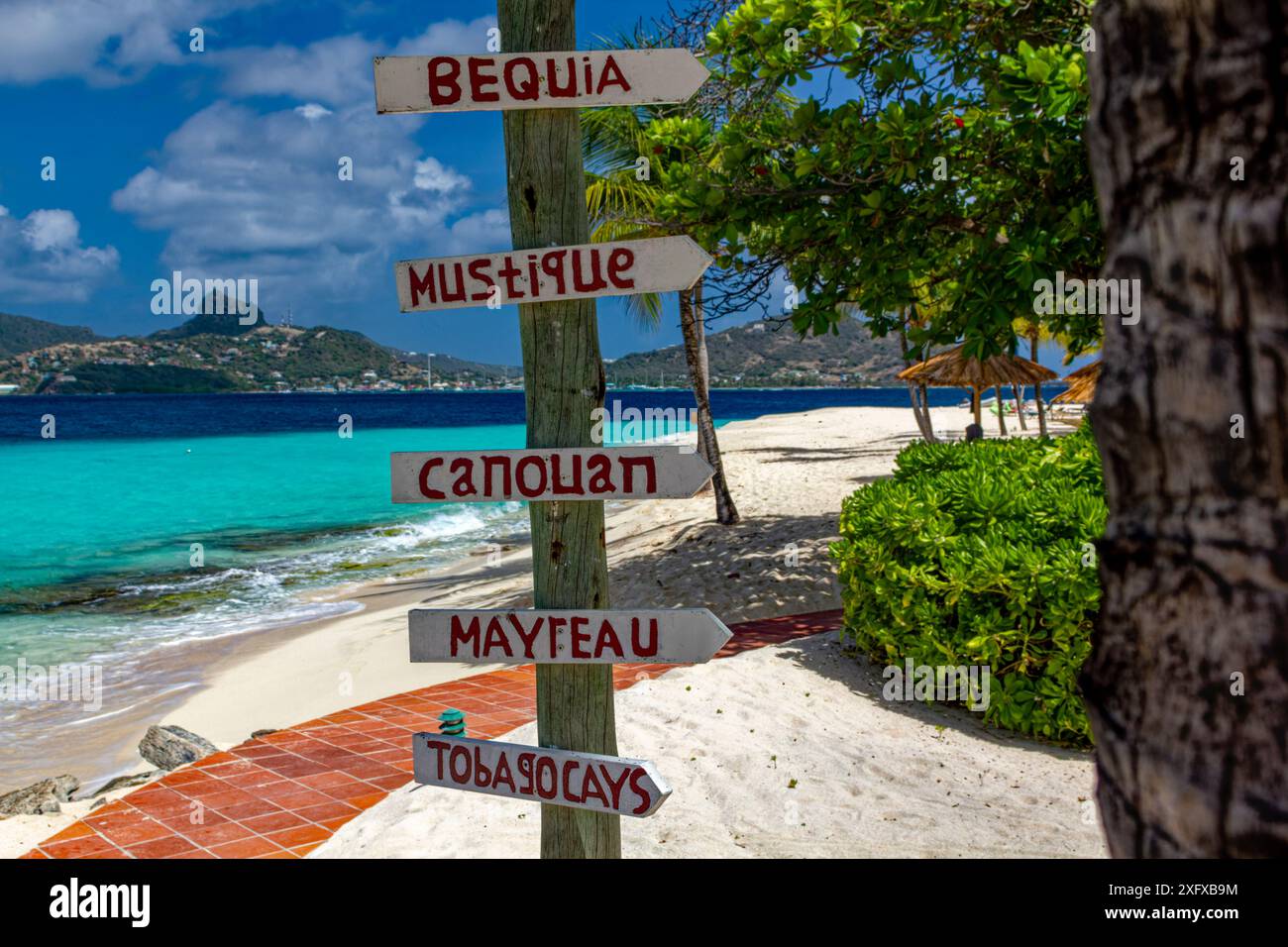 Wegweiser zu den Paradise Islands: Blick auf den Karibischen Strand von Palm Island nach Union Island, handgemaltes Schild zu den nahe gelegenen Inseln, türkisfarbenes Meer und blauer Himmel. Stockfoto