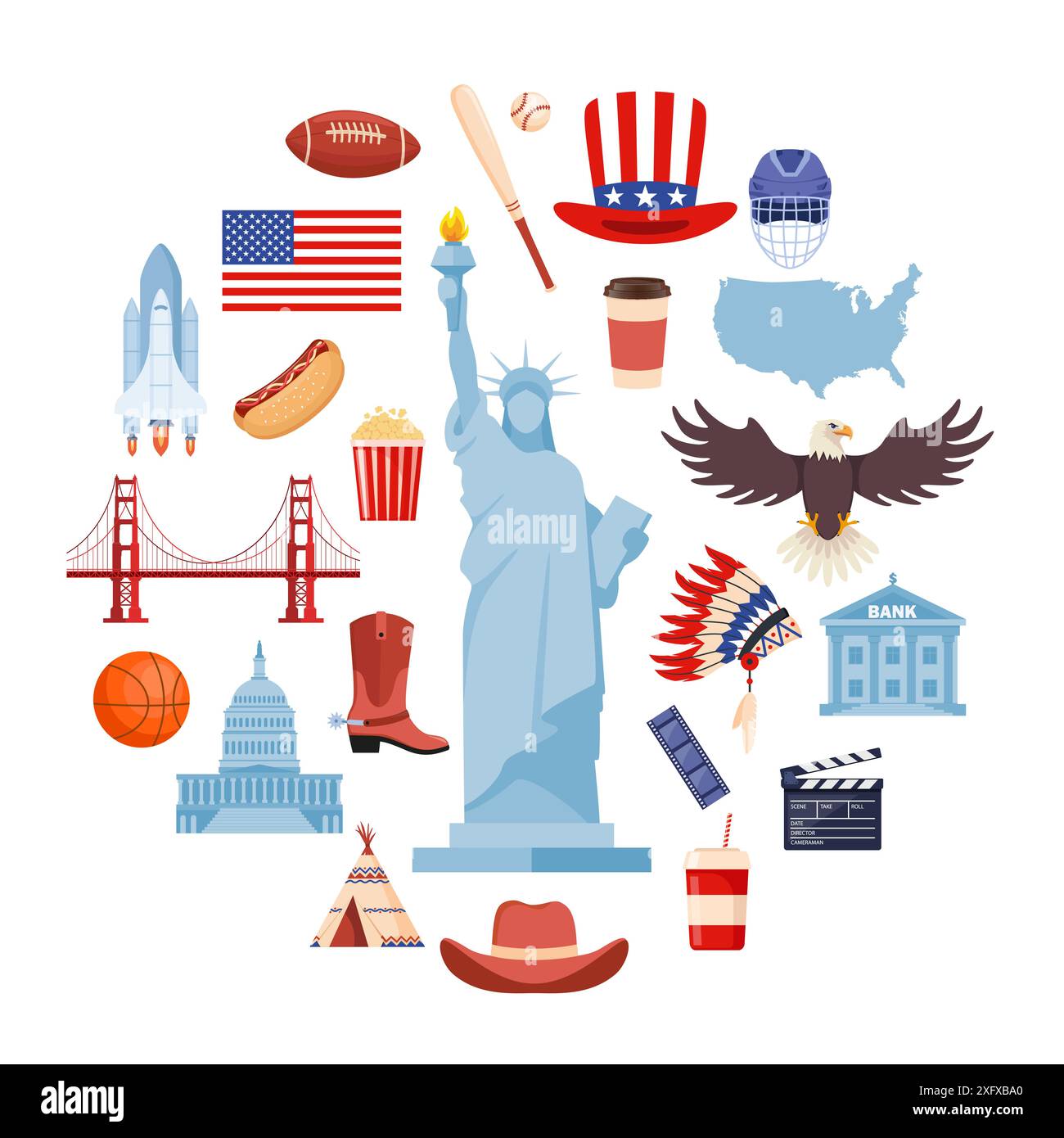Symbolsatz für die Kultur der USA. Fahren Sie in Richtung USA. Amerikanische Kultur- und Geschichtssymbole. Vektor Stock Vektor