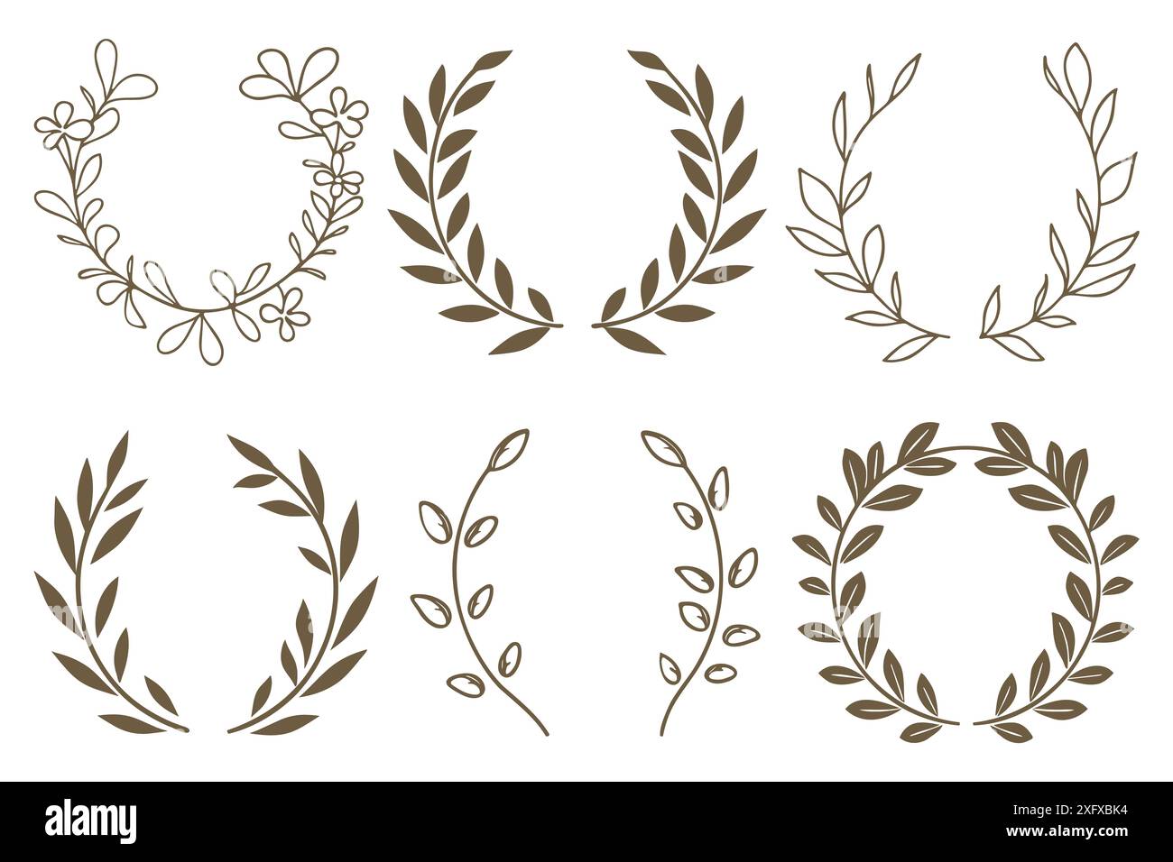 Blumengestelle und Blätter. Botanische Zweige, einfache Kranz- und Girlandensammlung. Minimalistischer Vektorrand Stock Vektor