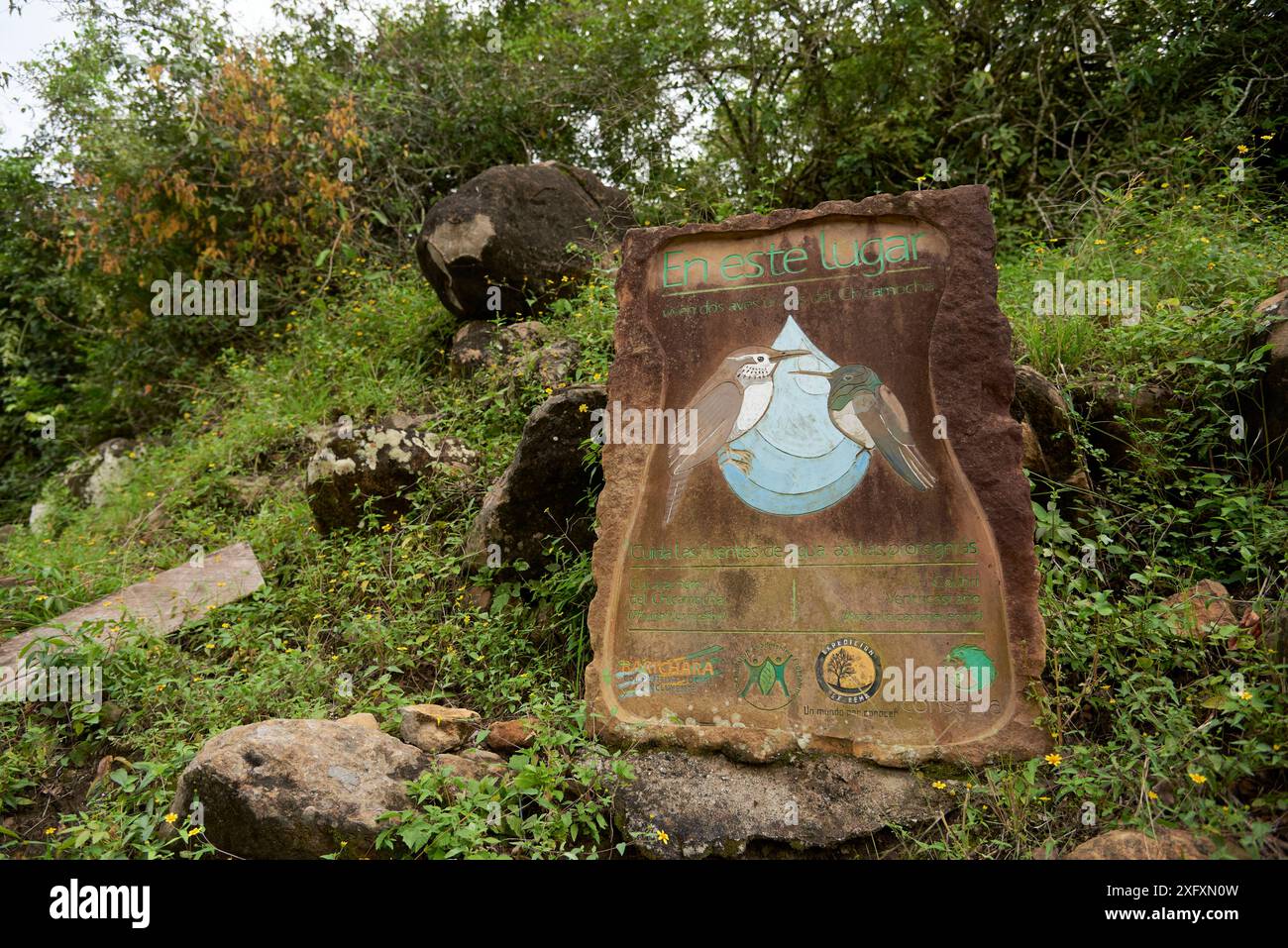 Barichara, Santander, Kolumbien; 26. November 2022: Informationsschild auf dem Lengerke Trail, das zwei Arten endemischer Vögel und Suchvögel zeigt Stockfoto