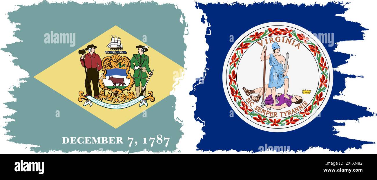 Virginia und Delaware staaten Grunge Pinsel Flags Verbindung, Vektor Stock Vektor