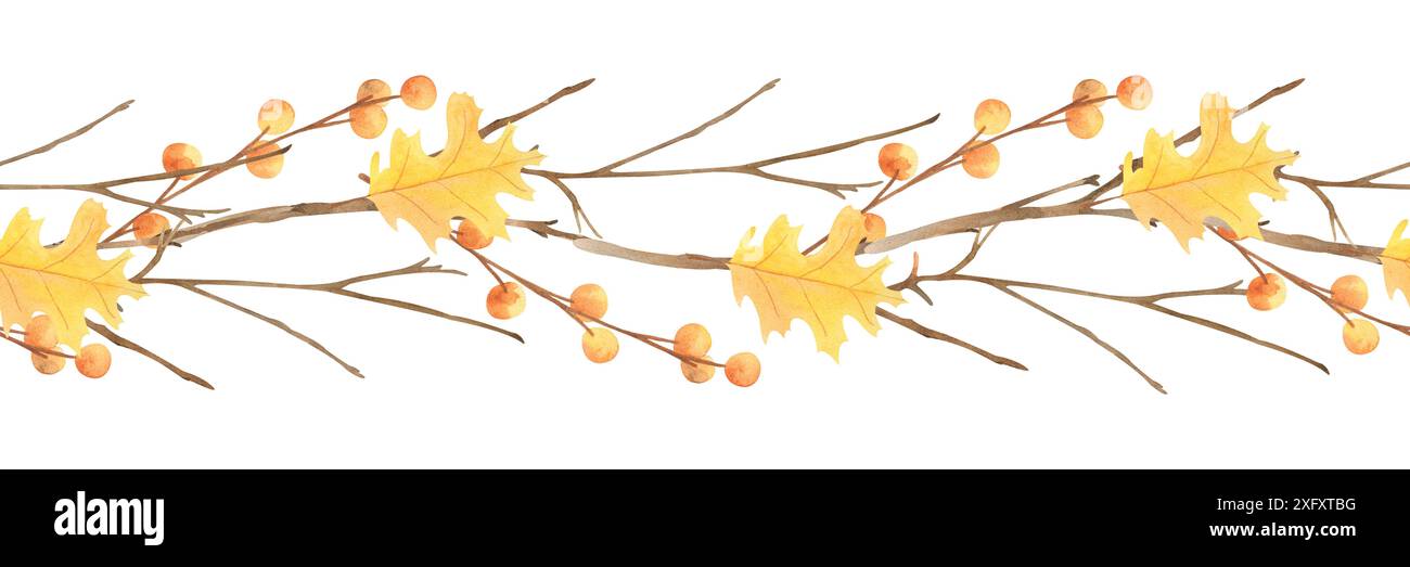 Aquarell Hand gezeichnet Herbst nahtlose Grenze mit gelben gefallenen Blättern, Zweigen, Orangenbeeren isoliert auf weißem Hintergrund. Herbstdekoration, Eiche le Stockfoto