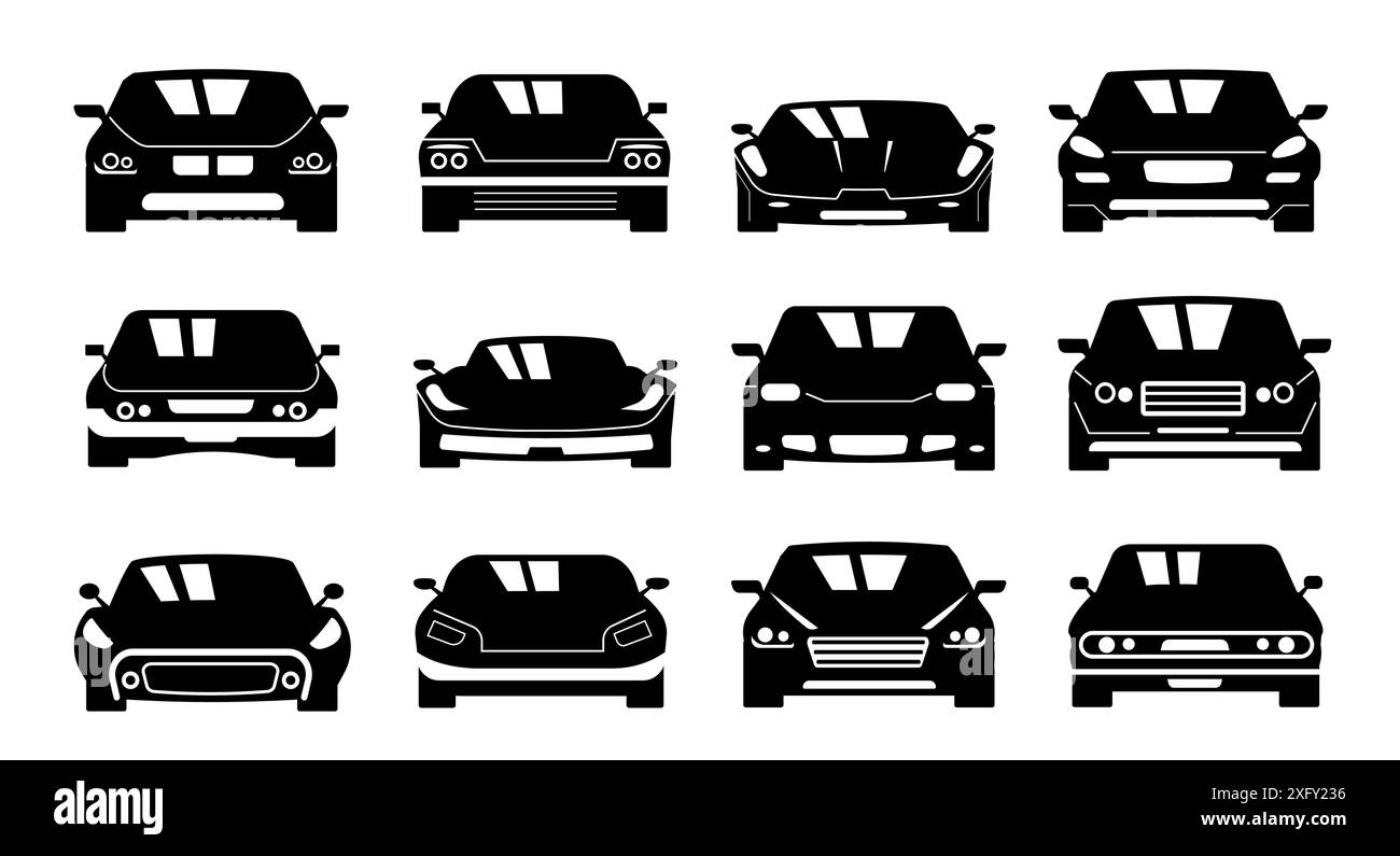 Schwarzes Symbol für die Fahrzeugfront. Seitenansicht des Fahrzeugs, Auto-Heckklappe der Limousine, Symbol für den Transport von Taxi-Fahrzeugen. Einfaches Vektor-Piktogramm isoliert Stock Vektor