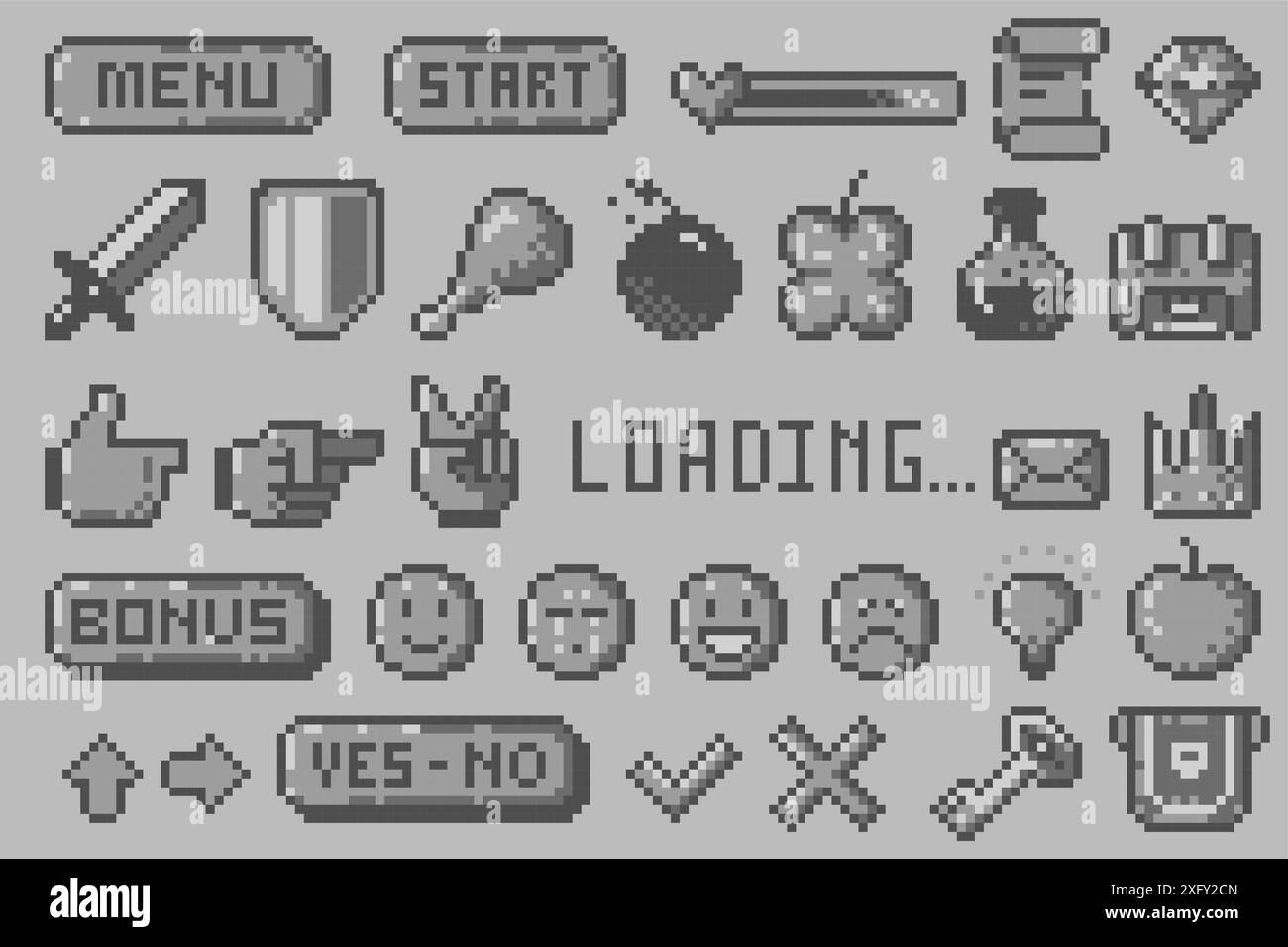 Pixel 8 Bit schwarze Symbole. Emoticons, Cursor, Pfeil, Ton, Text-Wackeln, Gesundheitsskala, Spielmenü, UI-Symbole. Vektor-isolierter Satz. Stock Vektor