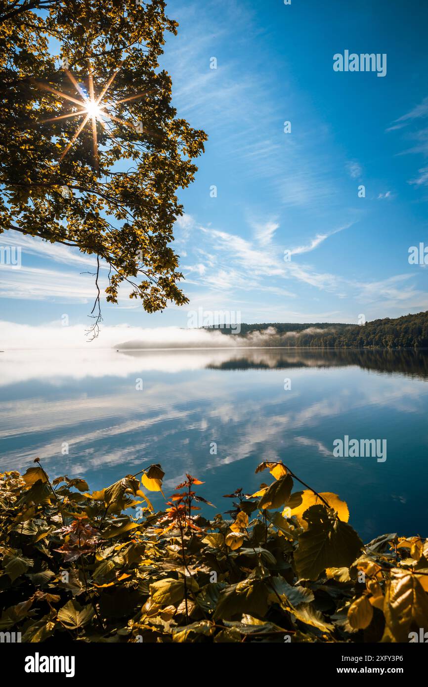 Edersee an einem sonnigen Morgen, leichter Nebel in der Ferne, Bäume im Vordergrund, Reflexion auf dem ruhigen Wasser. Bezirk Waldeck-Frankenberg, Hessen, Deutschland. Stockfoto