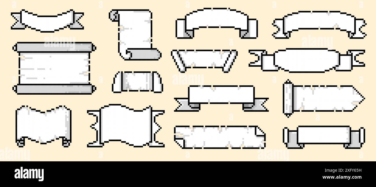 Bildlaufrahmen für Pixel. Retro-Videomaterial-Rahmen für Videospiele, leeres altes Pergamentpapier für Karte und Text, Sprite-Design. Vektor-8-Bit-Banner-Pixel Stock Vektor