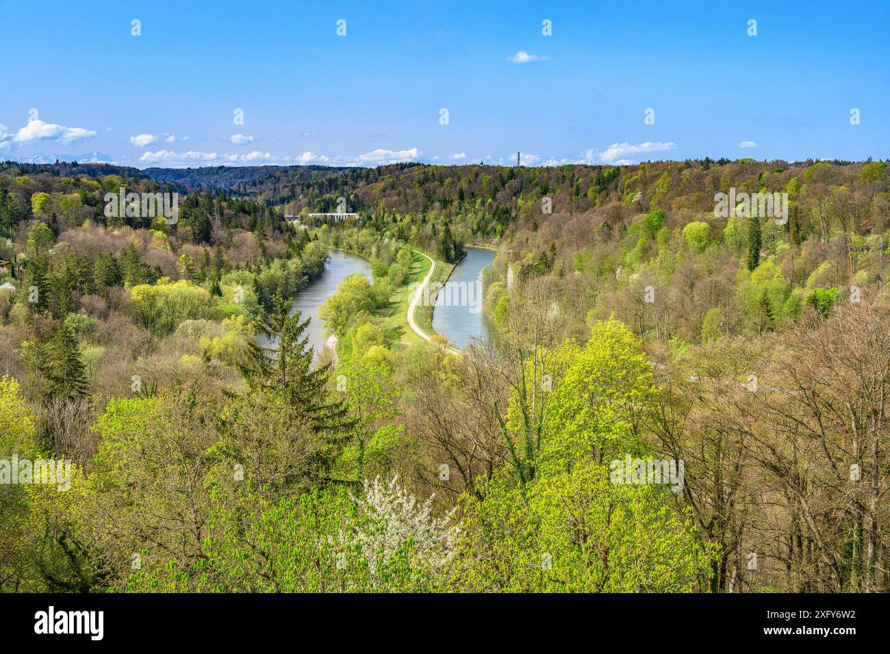 Deutschland, Bayern, Landkreis München, Grünwald, Schloss Grünwald, Blick nach Süden über das Isartal Stockfoto