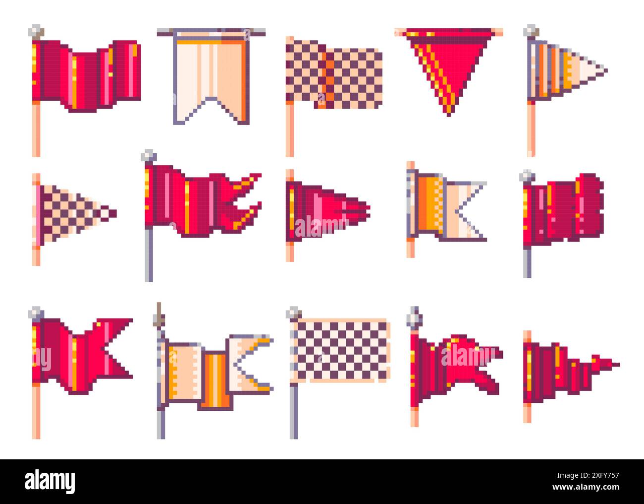 Pixel-Flags. Retro 8-Bit-Karo-Symbole aus rotem Dreieck und rechteckigen Flaggen, Vintage-Spielmaterial, Marker und Webdesign-Element mit gewelltem Banner Stock Vektor