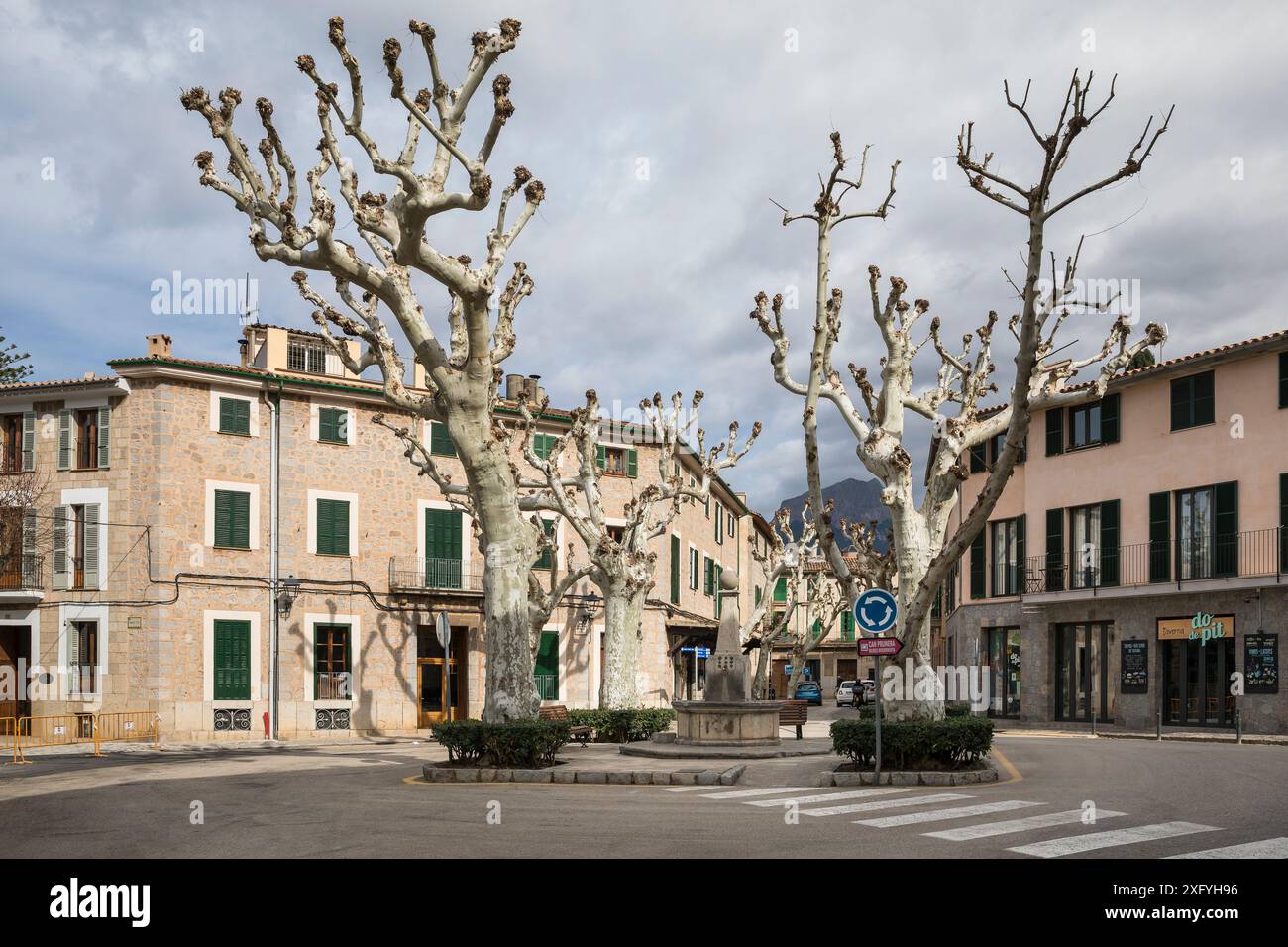Bäume und Gebäude auf der Plaza de America, Soller, Serra de Tramuntana Region, Mallorca, Balearen, Spanien, Europa Stockfoto