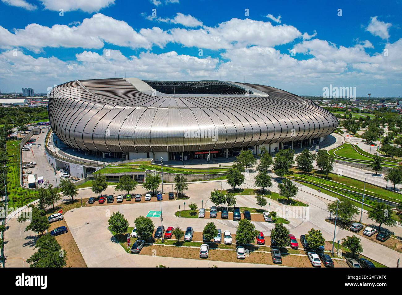 Aus der Vogelperspektive das BBVA-Stadion, Heimstadion des Monterrey Soccer Club, Hauptquartier der Weltmeisterschaft 2026 in Mexiko. First Division of Mexico oder Rayados de M Stockfoto