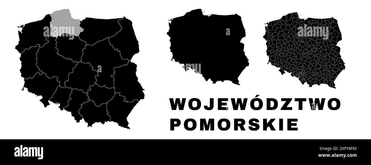 Pommersche Karte, polnische Woiwodschaft. Verwaltungsbezirk Polen, Provinzen, Bezirke und Gemeinden. Stock Vektor