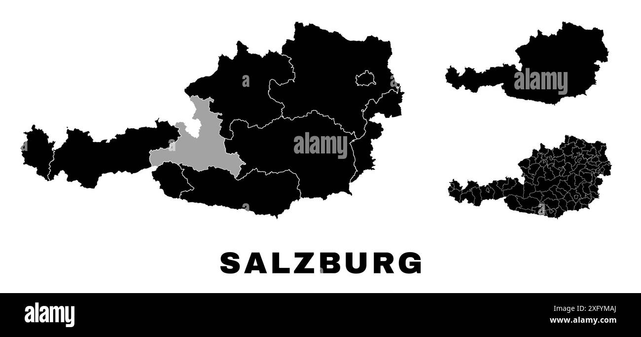 Salzburg Landkarte, österreichisches Bundesland. Verwaltungsbereich Österreich, Provinzen, Bezirke und Gemeinden. Stock Vektor