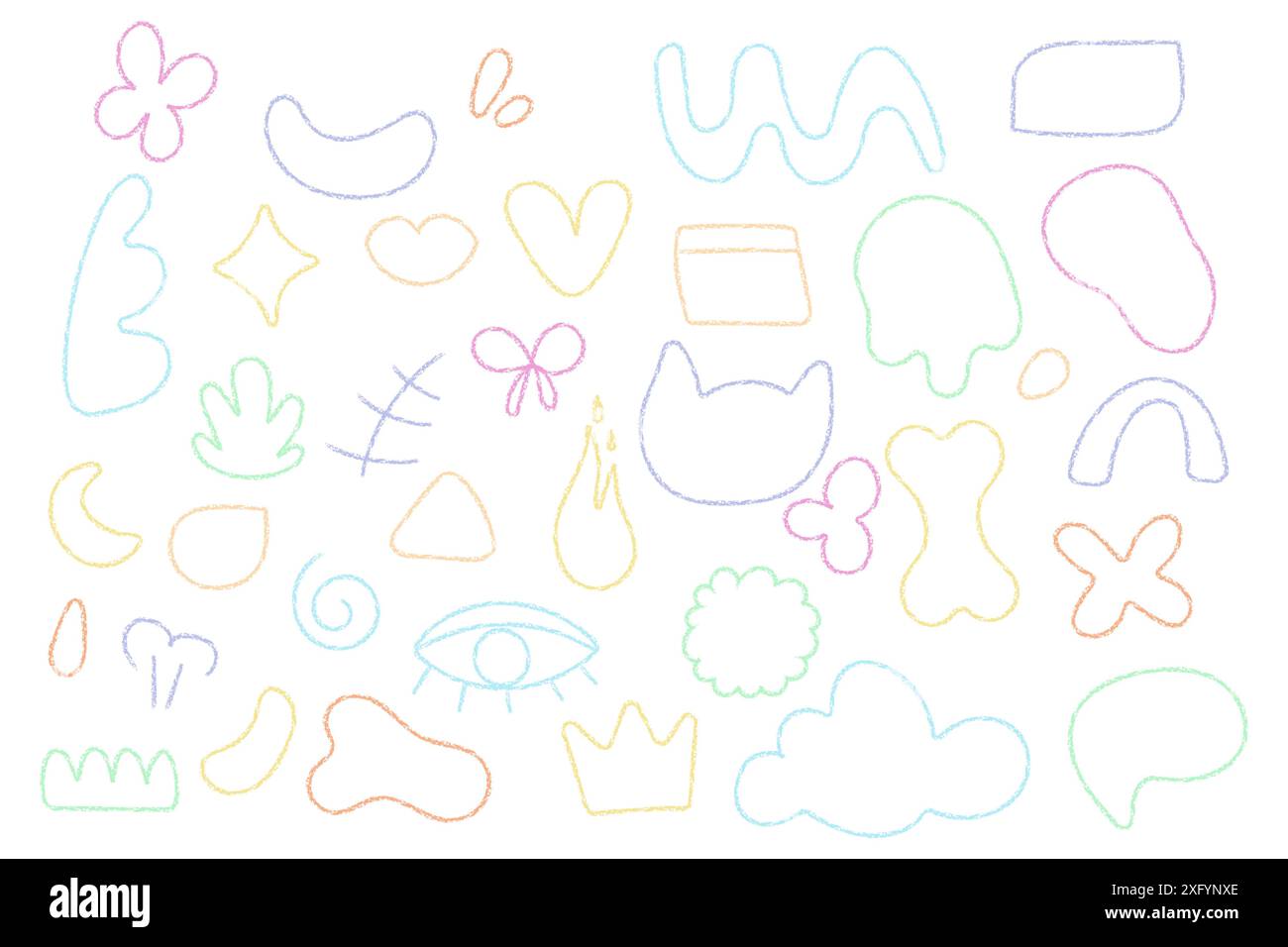 Farbige Elemente, Buchstaben, einfache Kritzelfiguren, Wachsmalstift Zeichnungen, Schulkindzeichnungen auf weißem Hintergrund. Vektor Stock Vektor
