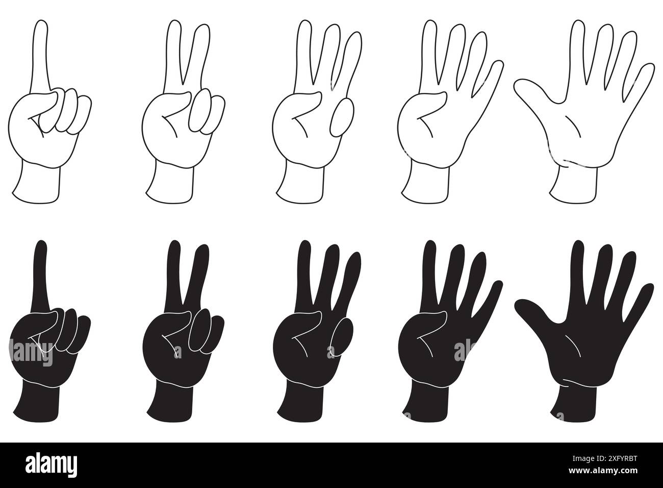 Handsatz mit einem Finger, der eins bis fünf in Schwarz-weiß und weiß und Schwarz auf weißem Hintergrund zählt Stock Vektor