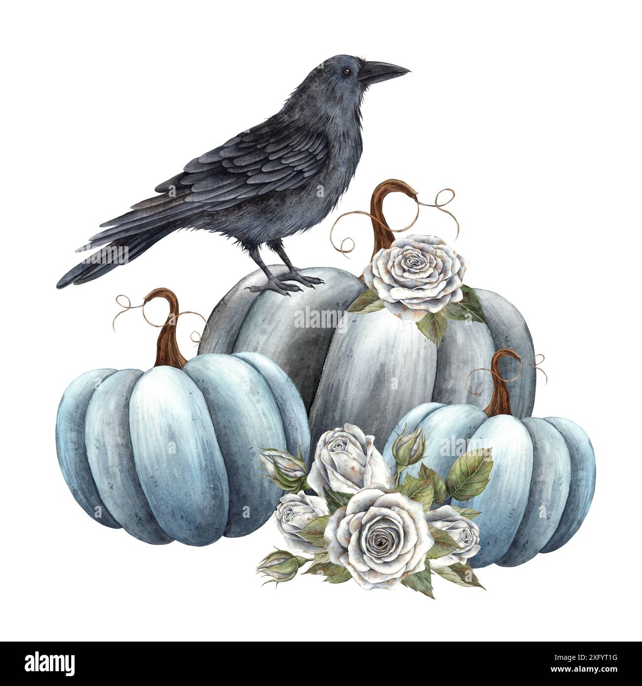 Blaue Kürbisse, realistischer schwarzer Raben, weiße Rosen und grüne Blätter. Aquarellillustration im realistischen Gothic-Stil. Geeignet für Urlaub und Herbst Stockfoto