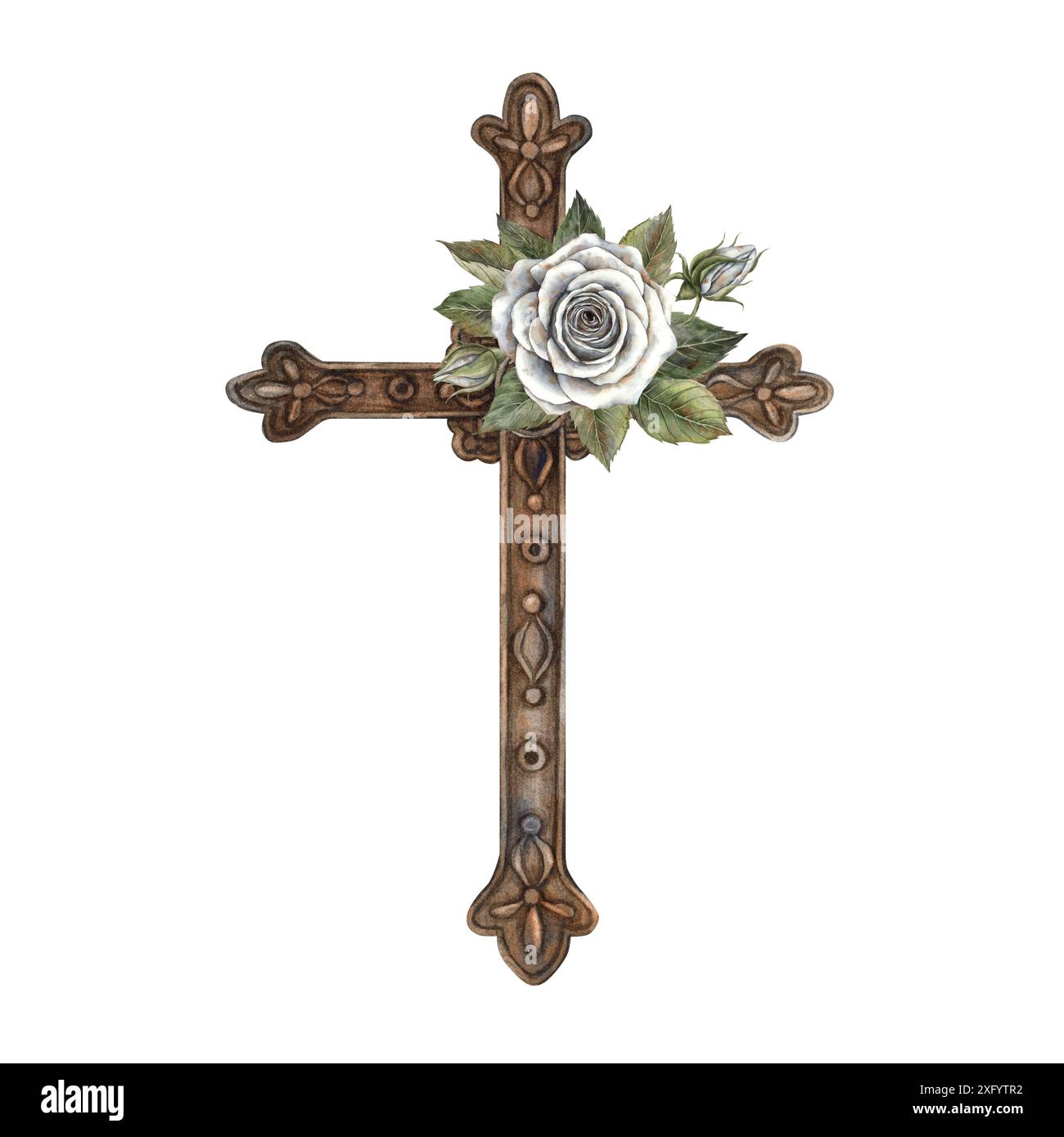 Religiöses Vintage Bronzekreuz mit weißer Rose und grünen Blättern. Handgezeichnete Aquarellillustration im Vintage-Stil. Für Karten, Design, Einladungen f Stockfoto