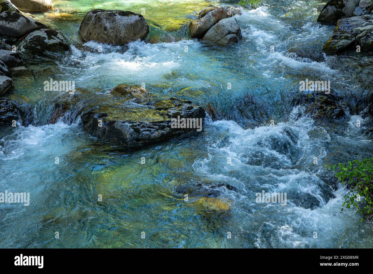 WA25474-00...WASHINGTON - Sonnenlicht reflektiert in einem schattigen Abschnitt des Noisy Creek auf dem Baker Lake Trail. Stockfoto