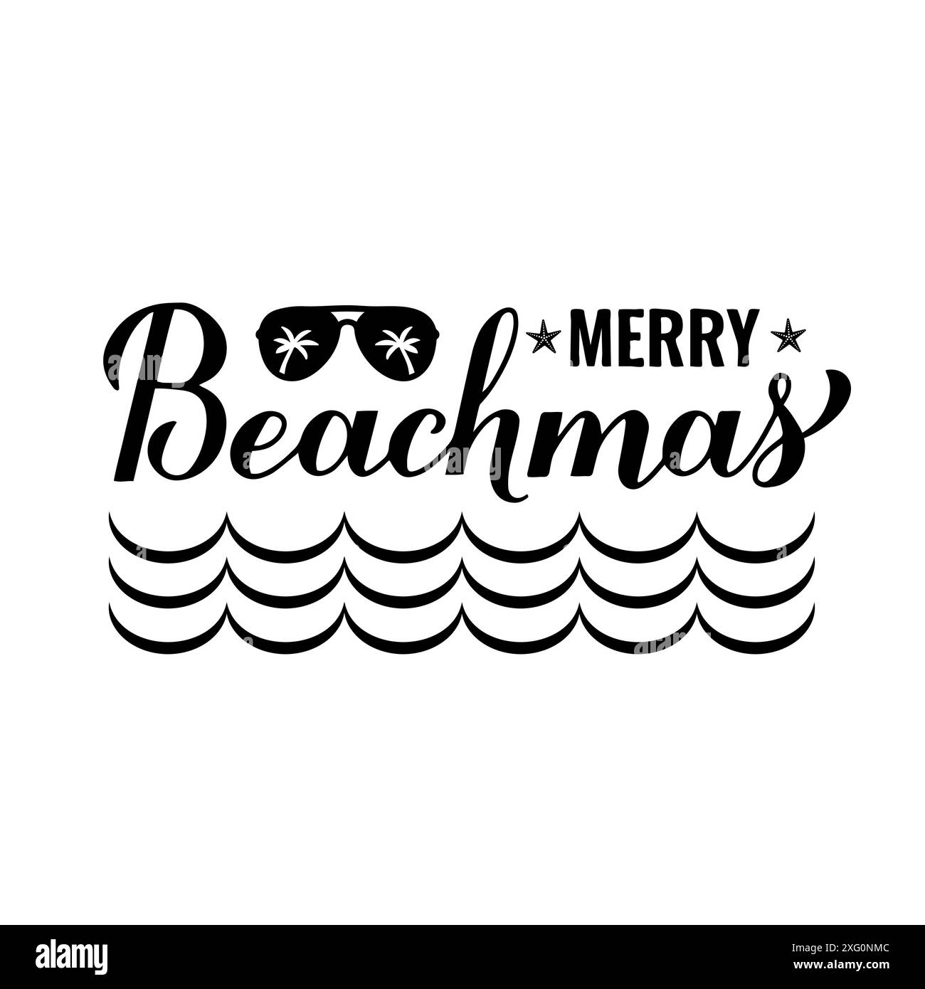 Merry Beachmas Kalligraphie Handschrift isoliert auf weiß. Weihnachten im Juli. Sommerangebot. Vektorvorlage für Typografie Poster, Aufkleber, Stock Vektor