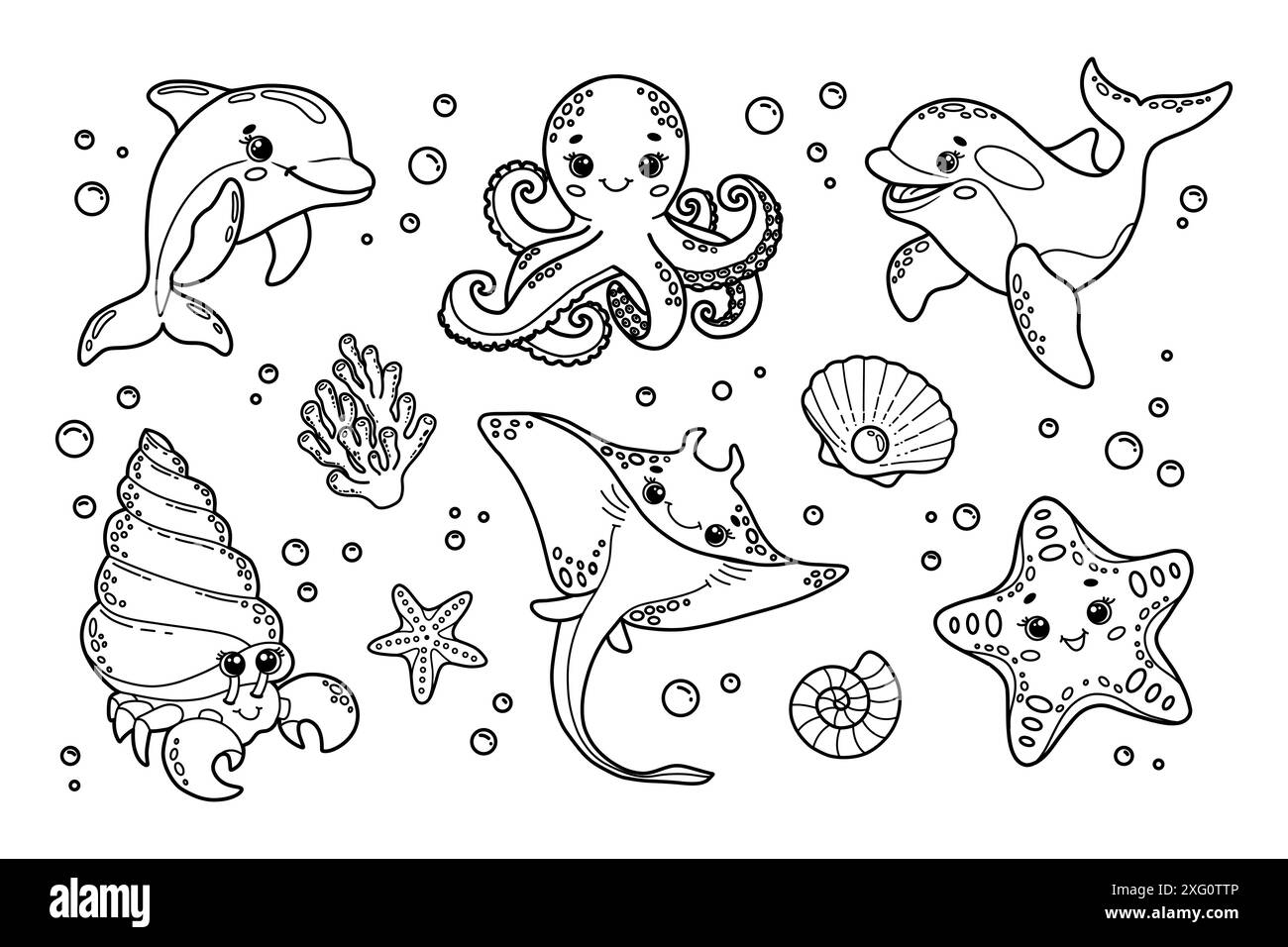 Set von Vektor-Illustration von niedlichen Meerestieren. Delfin, Tintenfisch, Killerwal, Einsiedlerkrebse, Stachelrochen, Seesterne, Muscheln Stock Vektor