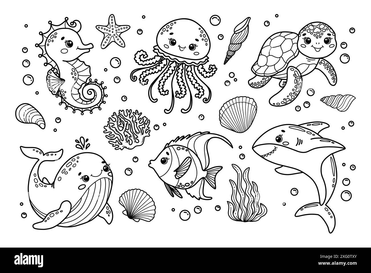 Set von Vektorillustrationen von niedlichen Meerestieren. Seepferdchen, Quallen, Wale, Fische, Haie, Schildkröte, Korallen, Muscheln Stock Vektor