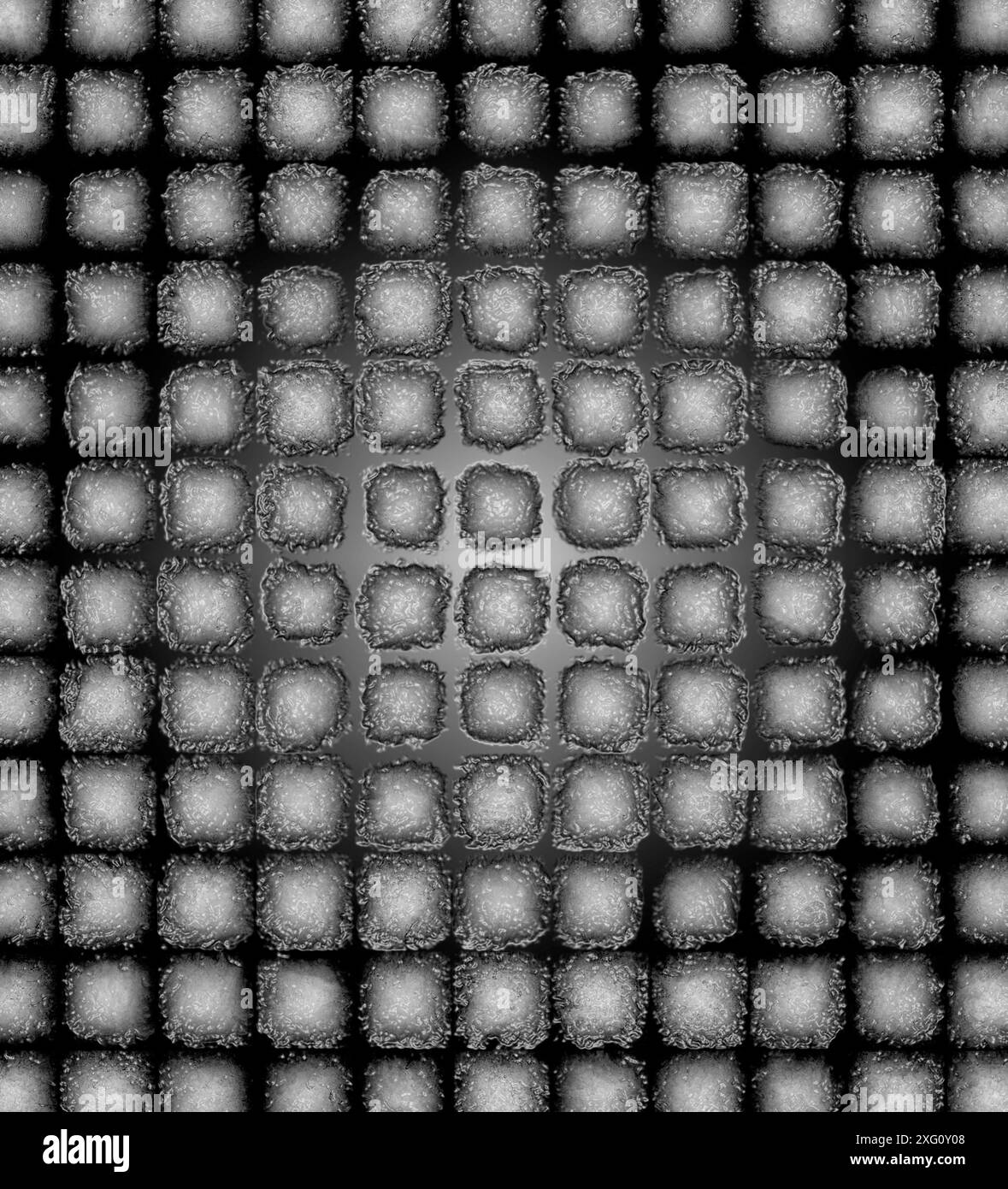 Abstraktes geometrisches Muster aus schwarzen und weißen Quadraten mit einem zentralen Verlauf, wodurch ein symmetrisches und sich wiederholendes Design entsteht Stockfoto