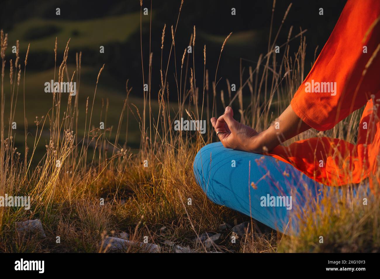Nahaufnahme der Hand einer Frau, die in einer Meditationsposition sitzt und Mudra mit Fingern hält, Yoga im Gras Stockfoto