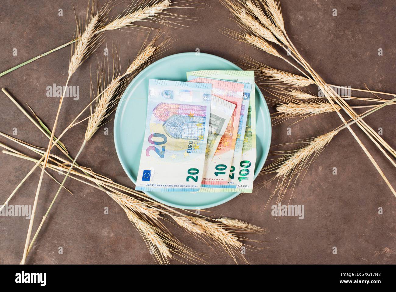 Teller mit Weizen- und Euro-Banknoten, Lebensmittelknappheit und steigenden Preisen, Armut durch Inflation Stockfoto