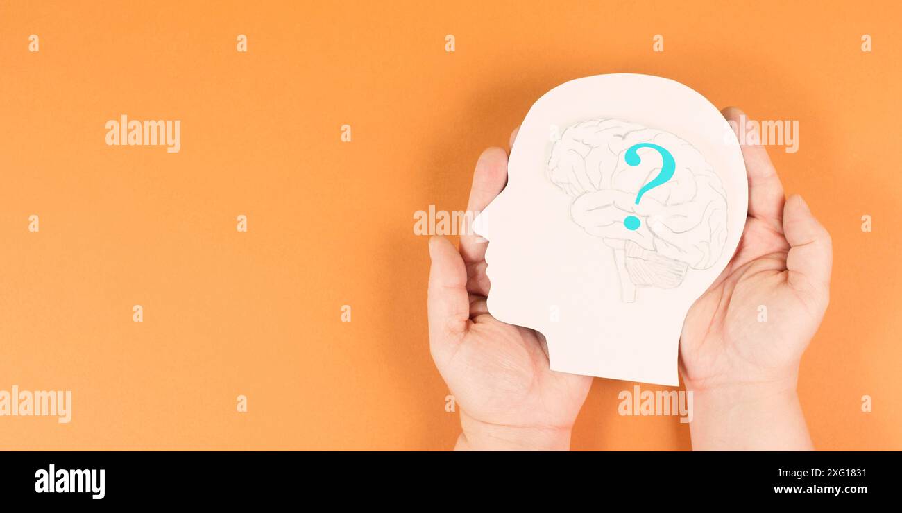 Kopf mit einem Gehirn und Fragezeichen, Bildung und Geschäftskonzept, auf der Suche nach Antworten, Gedanken zur Lösung eines Problems, hat der Mensch Zweifel Stockfoto