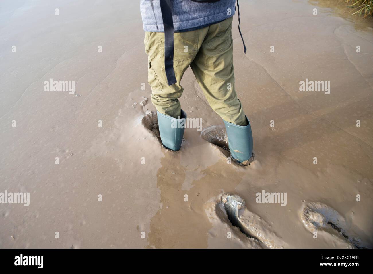 Der Mensch läuft mit Gummistiefeln auf dem wattenmeer, der Nordsee auf der Insel Romo in Dänemark, dem Ufer und den Schlammgebieten an der Küste, der Gezeitenzone Stockfoto