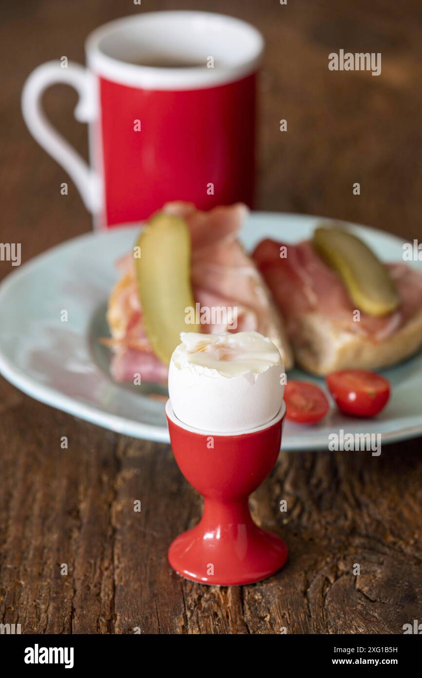 Nahaufnahme eines gekochten Eies zum Frühstück Stockfoto