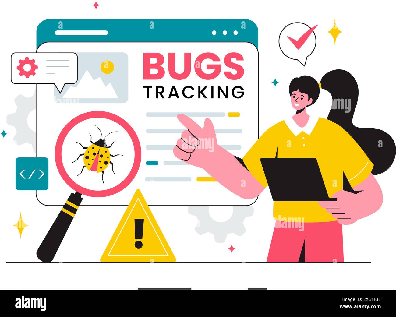 Vektor-Illustration eines Bug Tracking Tools mit Mobiltelefon-Schutz vor Computerviren in einem Website Security Flat Cartoon Hintergrund Stock Vektor