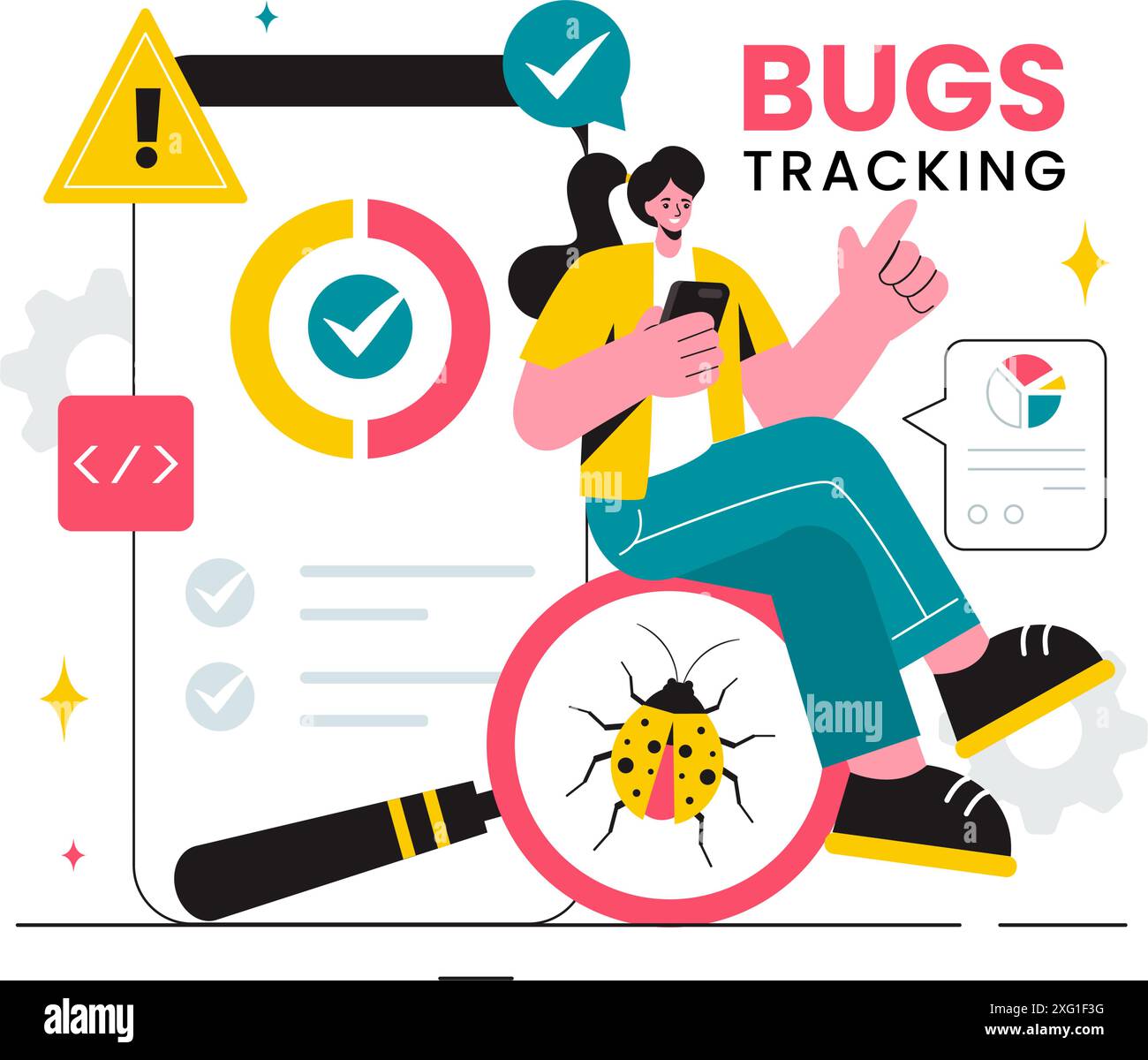 Vektor-Illustration eines Bug Tracking Tools mit Mobiltelefon-Schutz vor Computerviren in einem Website Security Flat Cartoon Hintergrund Stock Vektor