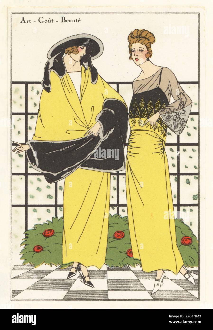 Modische Frauen in luxuriösen Kleidern im Garten, 1922. Dreiteiliger Anzug aus Senftuch, cape mit Otterfell besetzt, Kleid mit Corsage aus schwarzem Krepp de Chine von Christoph Drecoll. Lithographie nach einer Illustration von Miss Colette, Miss J. Dory, Burstin, myRIO oder P. Scavone aus Art, Gicht, Beaute, herausgegeben von der Modezeitschrift AGB, Lyon, Weihnachten 1922. Stockfoto