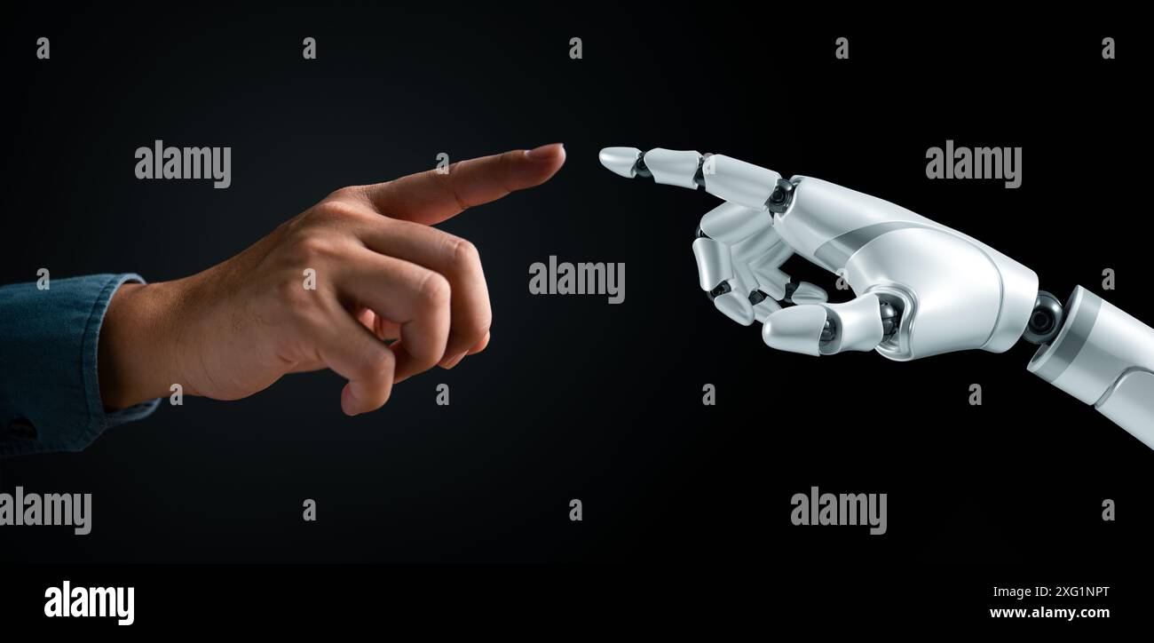 Menschen- und Roboterhände, die sich berühren. Symbolisiert Mensch-KI-Interaktion, futuristische Zusammenarbeit. Technologie- und Innovationskonzept. Kybernetische PA Stockfoto