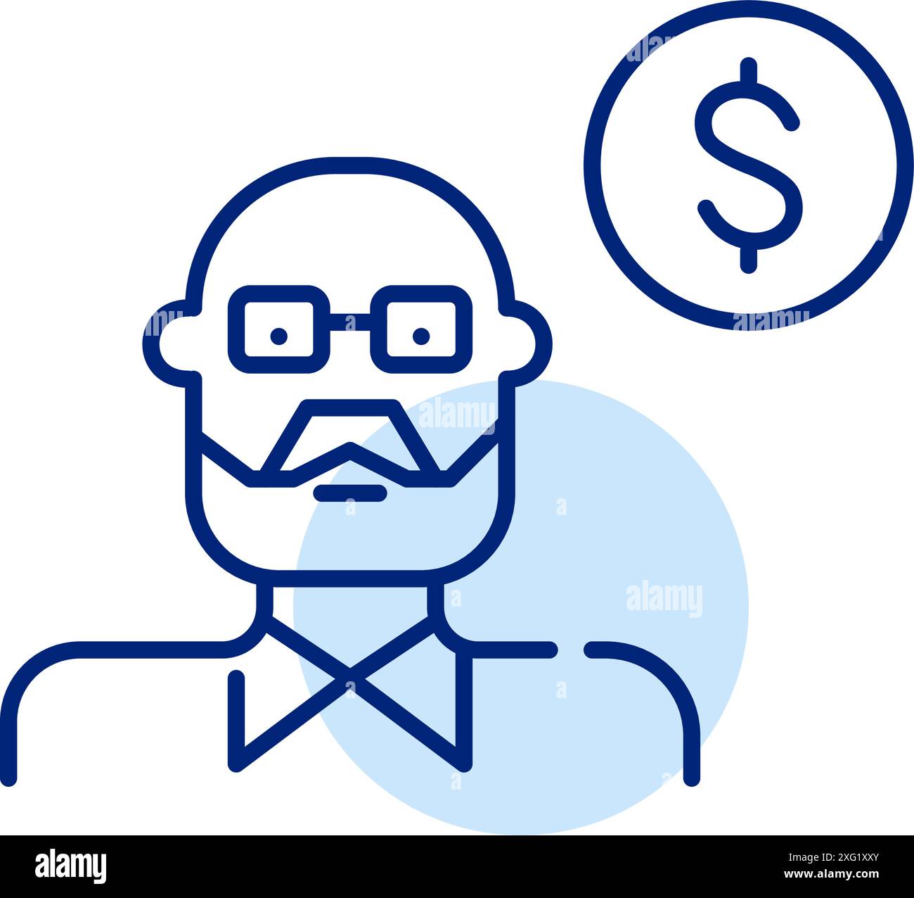 Älterer Mann mit Bart in Brille und Dollarzeichen. Senioreneinkommen, Spareinlagen und Altersvorsorgepläne. Symbol für Pixelperfekte, bearbeitbare Kontur Stock Vektor