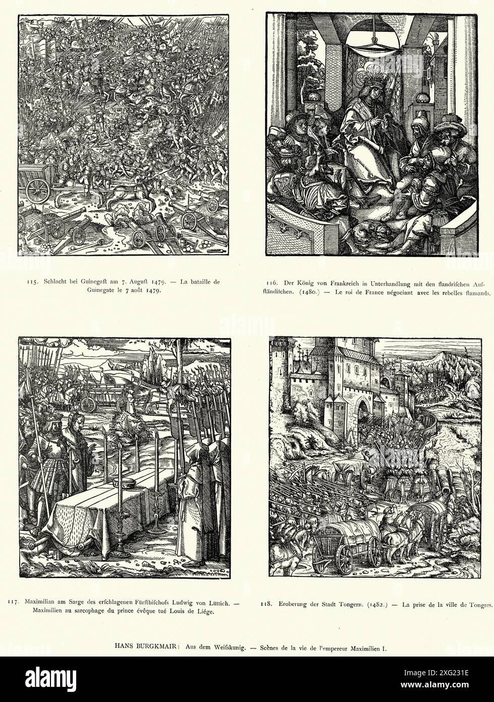 Maximilian I., Kaiser des Heiligen Römischen Reiches, mittelalterliche Militärgeschichte Deutsch, Krieg, 1485, 15. Jahrhundert aus der Weifskunig von Hans Burgkmair. Stockfoto