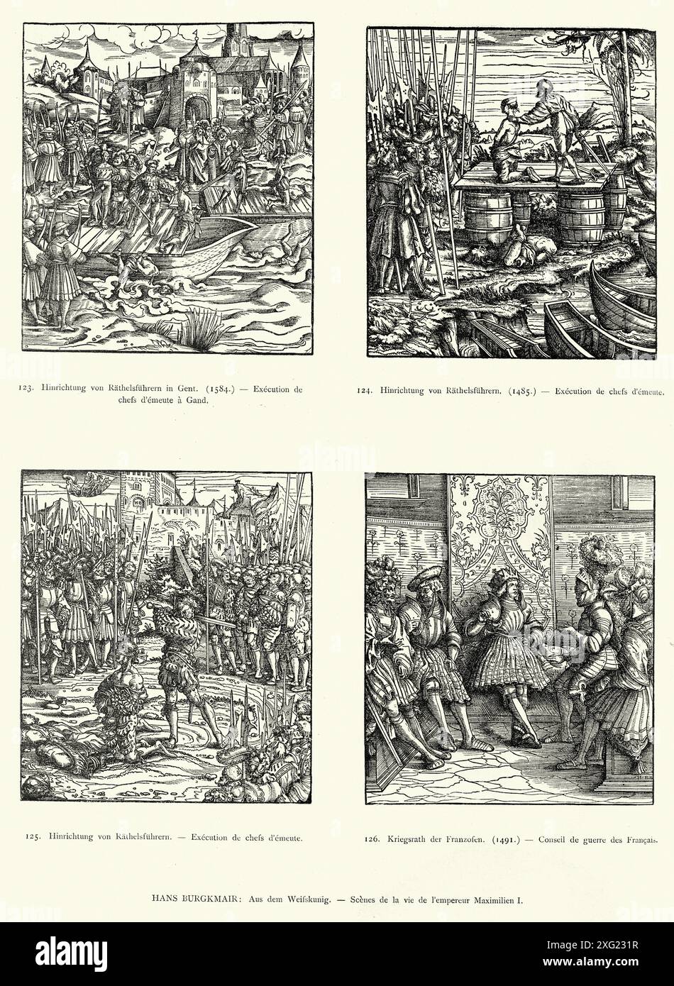 Mittelalterliche Hinrichtung durch Schwert, Maximilian I., Kaiser des Heiligen Römischen Reiches, mittelalterliche Geschichte Deutsch, Krieg, 1485, 15. Jahrhundert aus der Weifskunig von Hans Burgkmair. Stockfoto