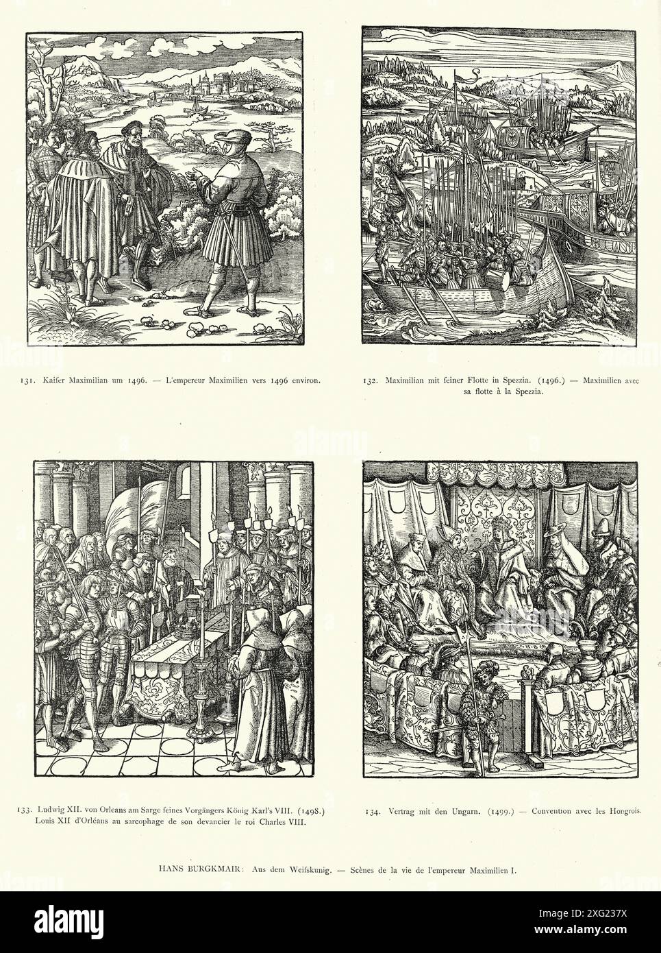 Mittelalterliche Geschichte, Maximilian I., Flottenschiffe, Ludwig XII. Von Frankreich, Vertrag mit Ungarn, Deutsch, 15. Jahrhundert aus der Weifskunig von Hans Burgkmair. Stockfoto